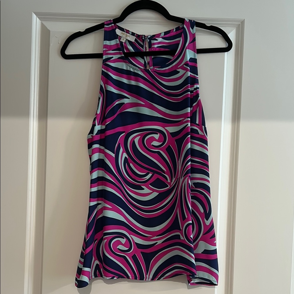 Pink and Blue Swirl Silk Sleeveless Blouse